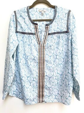 J.Crew blue and white block print peasant top. Size 10